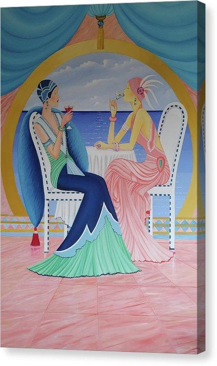 Art Deco Cruising canvas print showcasing vibrant colors and geometric patterns, stretched on a wooden frame, ready to hang.