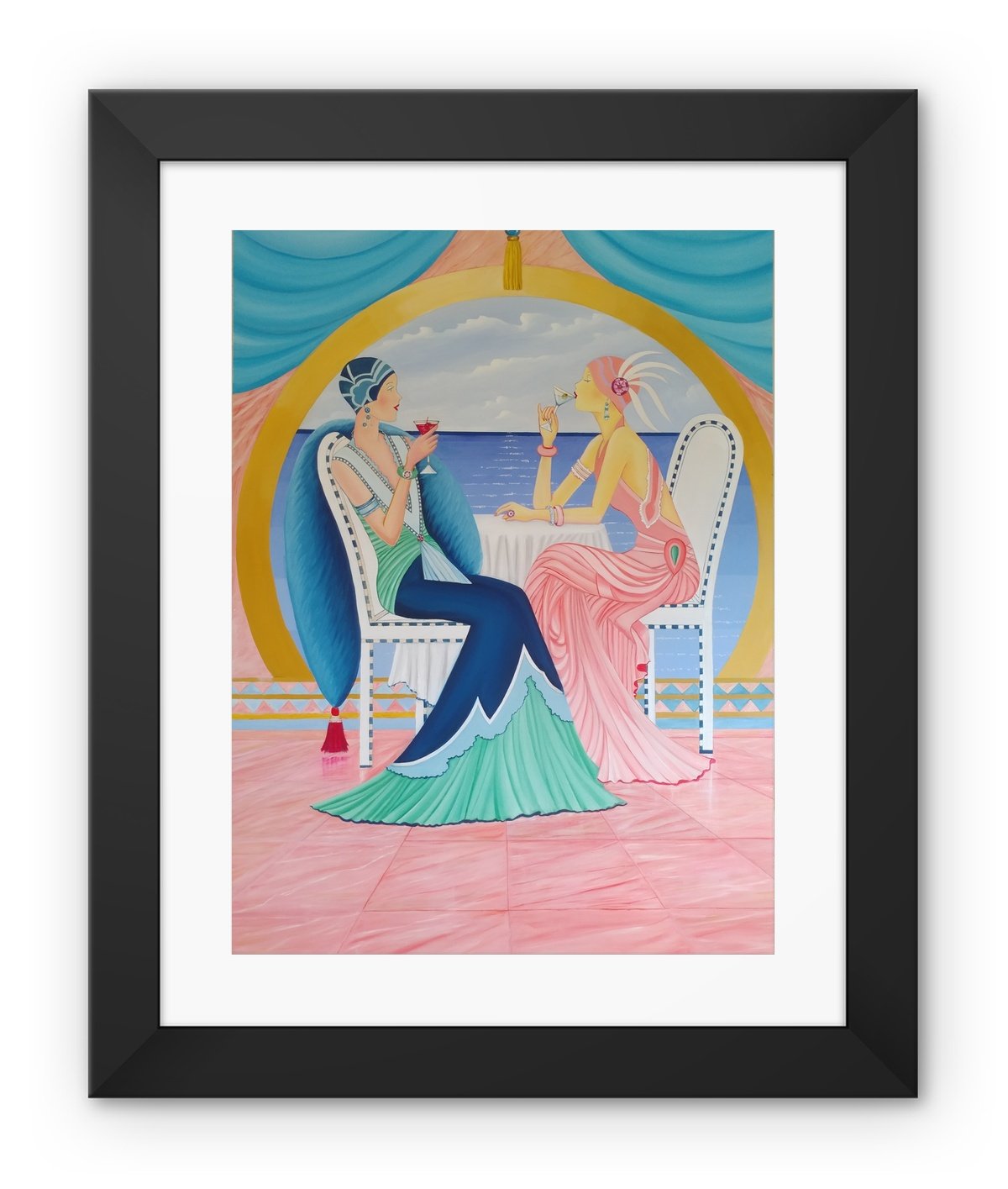 Art Deco Cruising Framed Print featuring a handmade frame made from renewable wood and shatterproof plexiglass, showcasing vibrant colors.