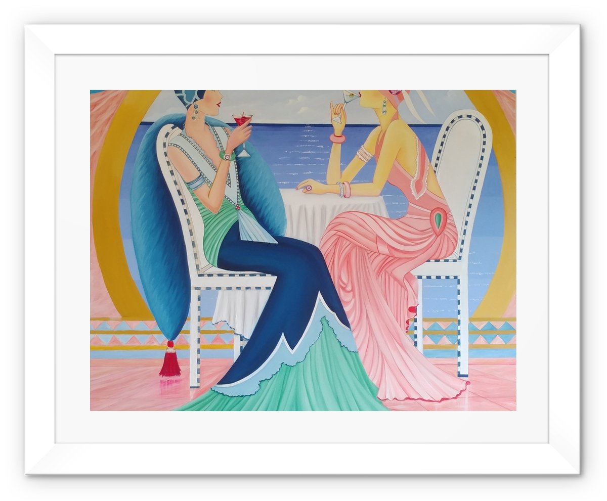 Art Deco Cruising Framed Print featuring a handmade frame made from renewable wood and shatterproof plexiglass, showcasing vibrant colors.