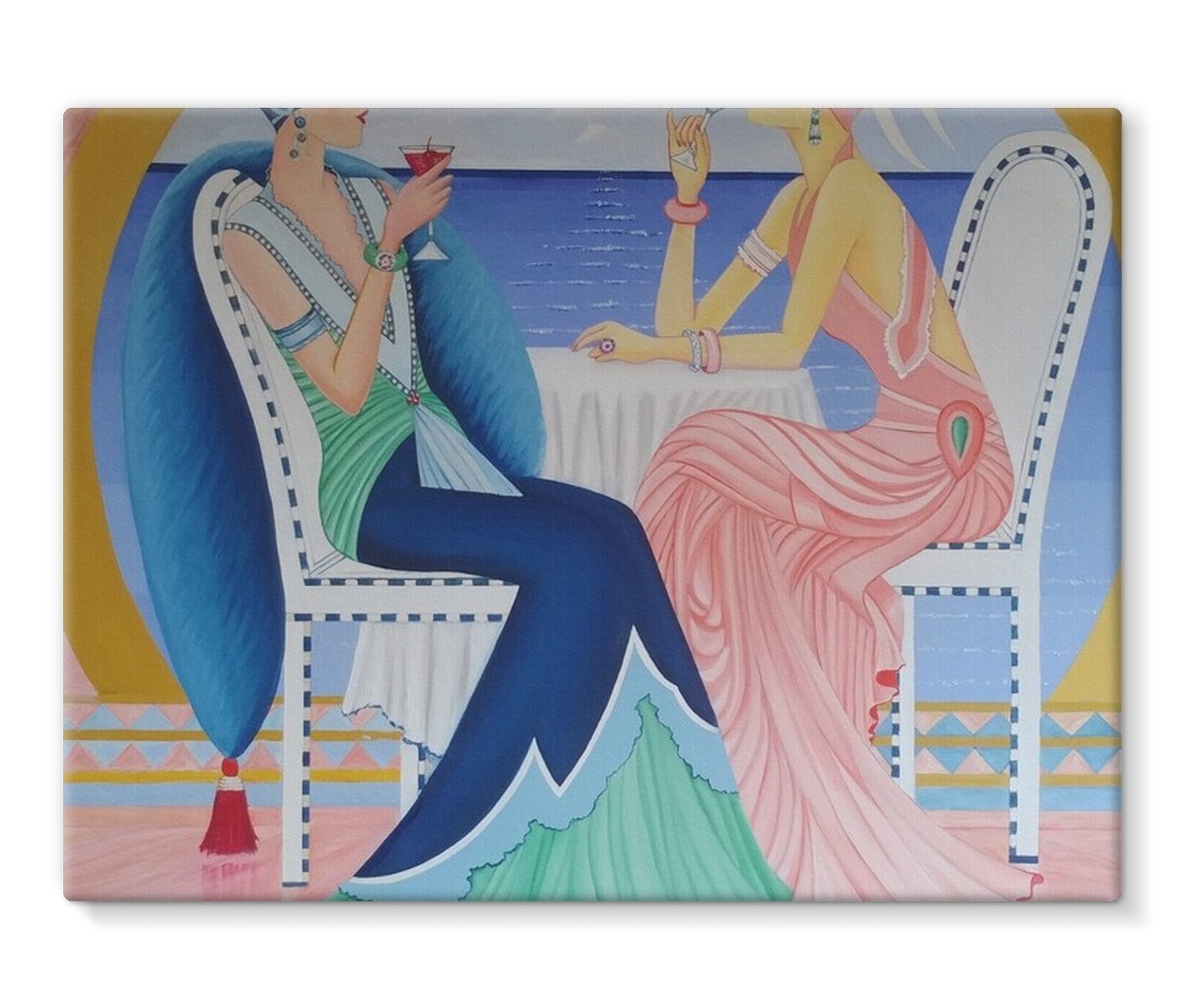 Art Deco Cruising Prints Canvas featuring vibrant colors and geometric designs, gallery wrapped on a sturdy frame.