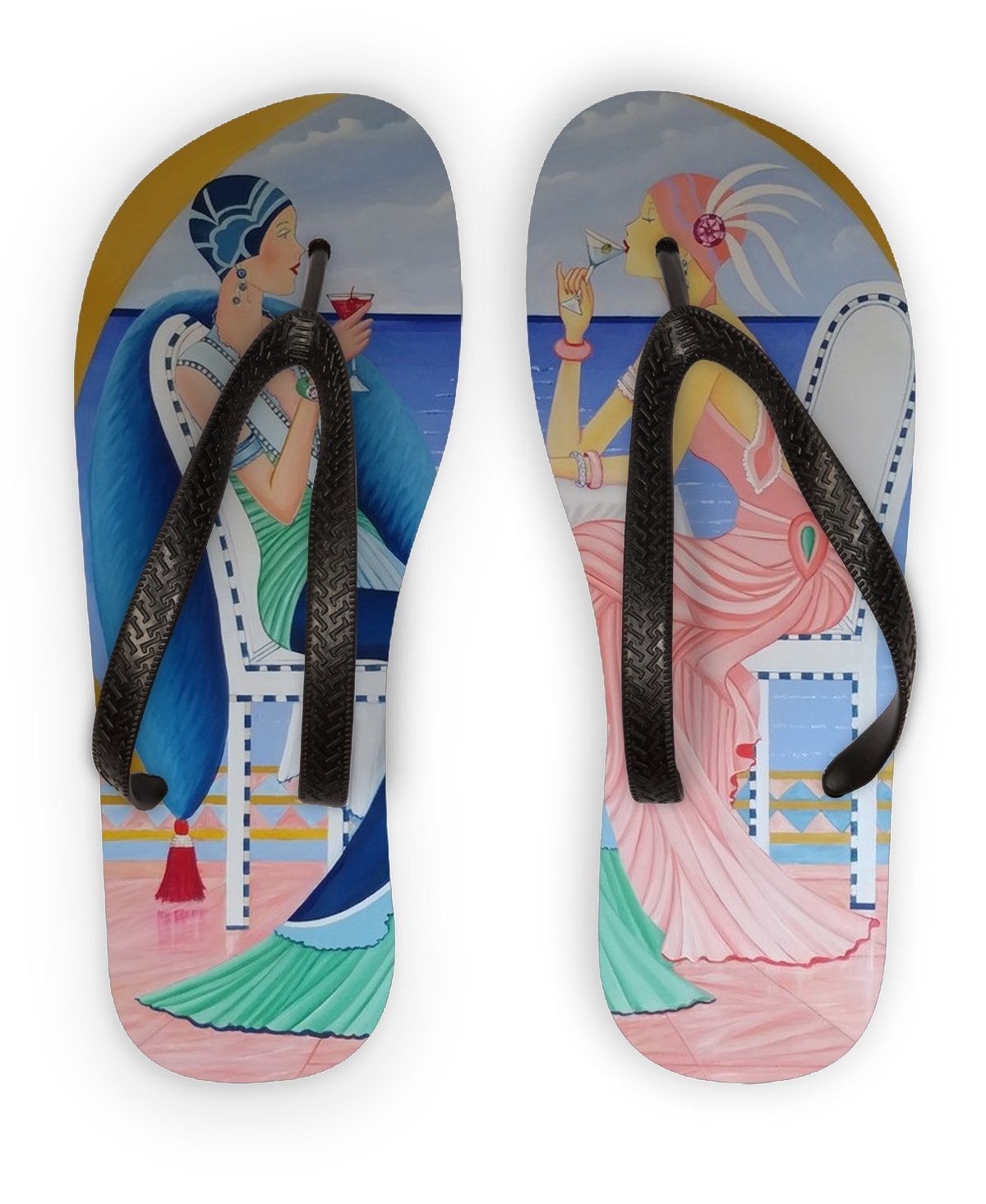 Art Deco Cruising Prints Flip Flops with black rubber straps and vibrant polyester design.