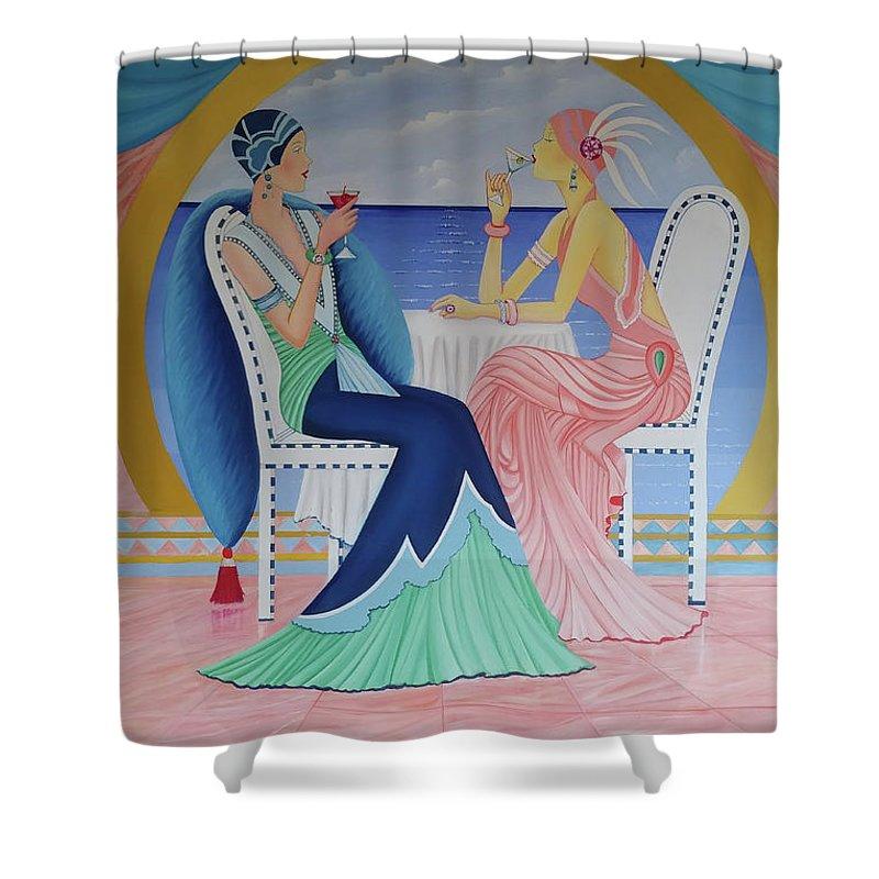 Art Deco Cruising shower curtain featuring geometric patterns in vibrant colors, made from durable polyester fabric.