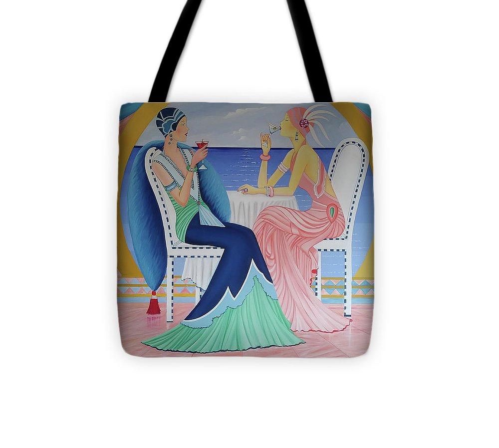 Art Deco Cruising Tote Bag featuring a stylish design, durable poly-poplin fabric, and a comfortable black shoulder strap.