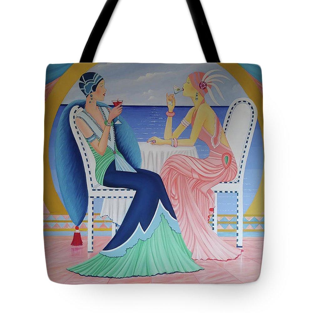 Art Deco Cruising Tote Bag featuring a stylish design, durable poly-poplin fabric, and a comfortable black shoulder strap.