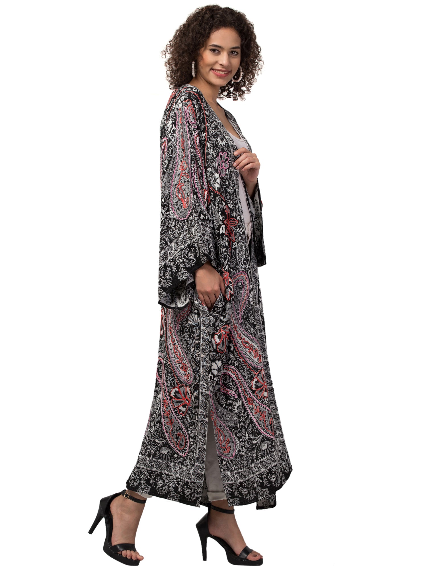 Artsy Mia Kimono Jacket featuring vibrant hand embroidery and bohemian design, showcasing artisanal craftsmanship from India.