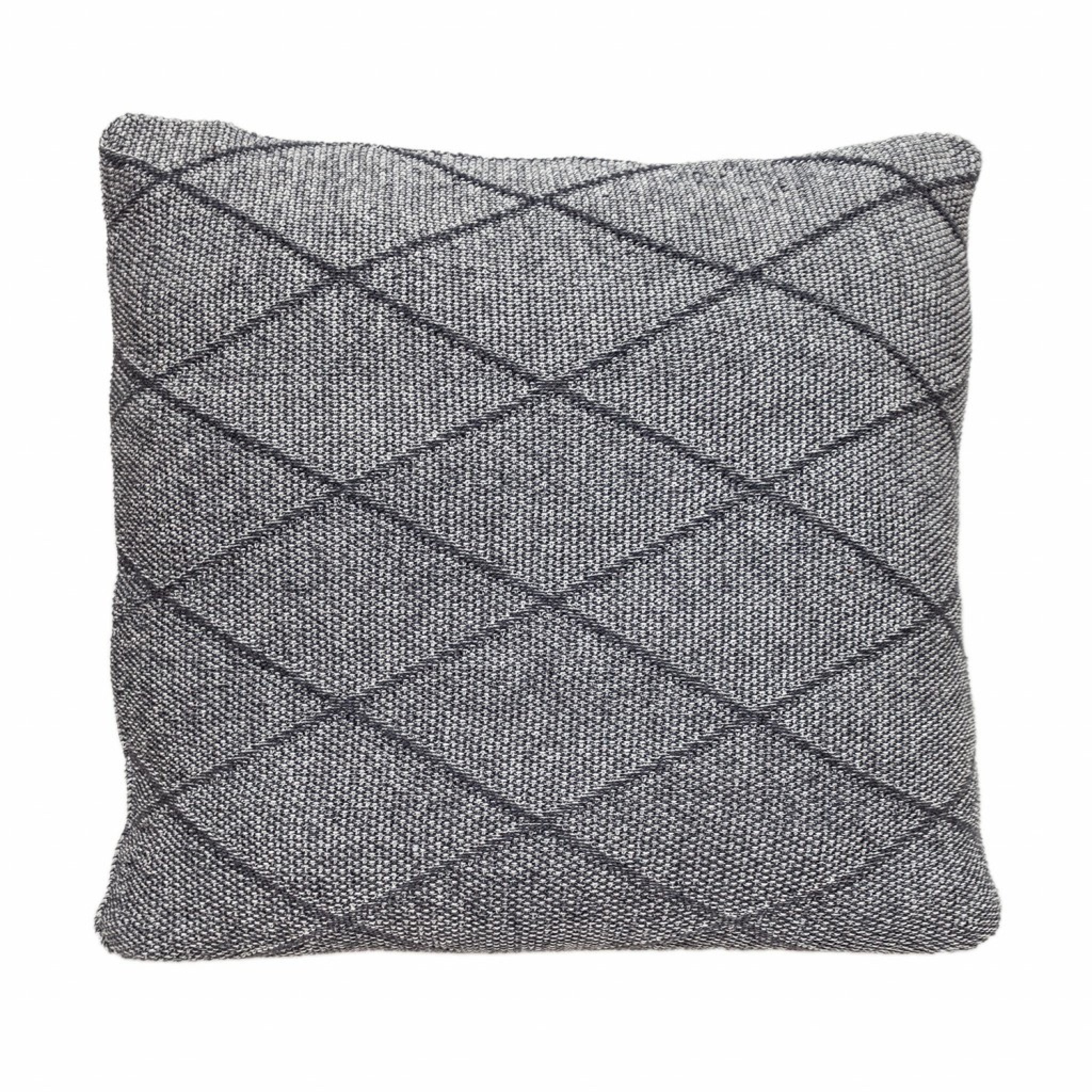 Ash Diamond Throw Pillow in grey color with a diamond pattern, made from 100% cotton, featuring a zipper closure for easy cleaning.