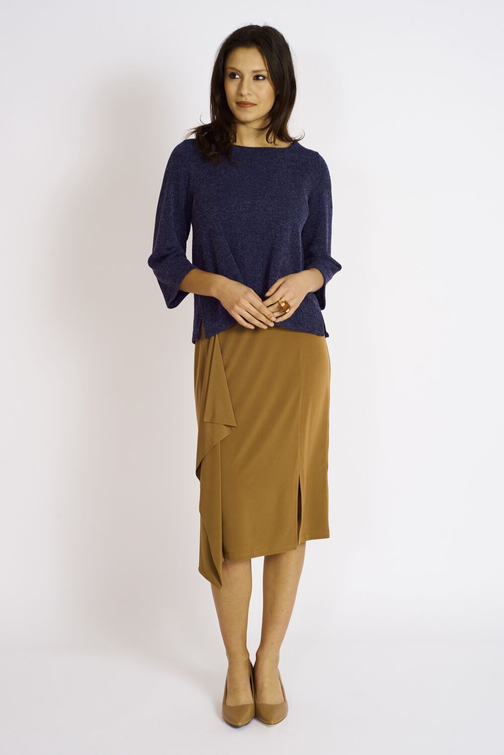 Ashmore Sweater Knit Box Top featuring a boat neck and vented sides, made from soft sweater knit fabric.