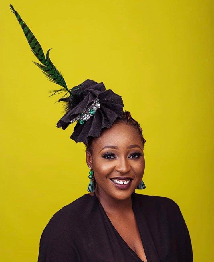 Elegant Asooke Fascinator with embellishments and feathers, perfect for Nigerian events.