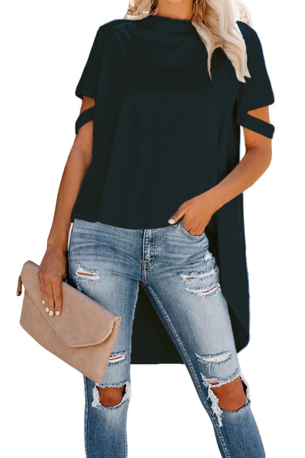 Dark blue asymmetric short t-shirt Vebtura with round neckline and detailed back design.