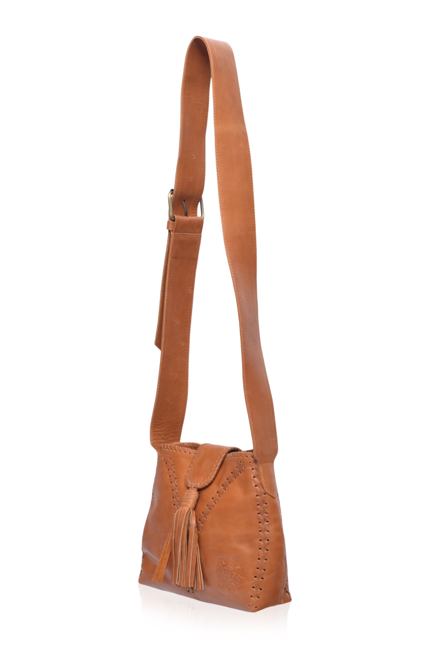 Atacama Small Crossbody Bag made of genuine leather with intricate stitching, featuring an adjustable strap and multiple pockets.