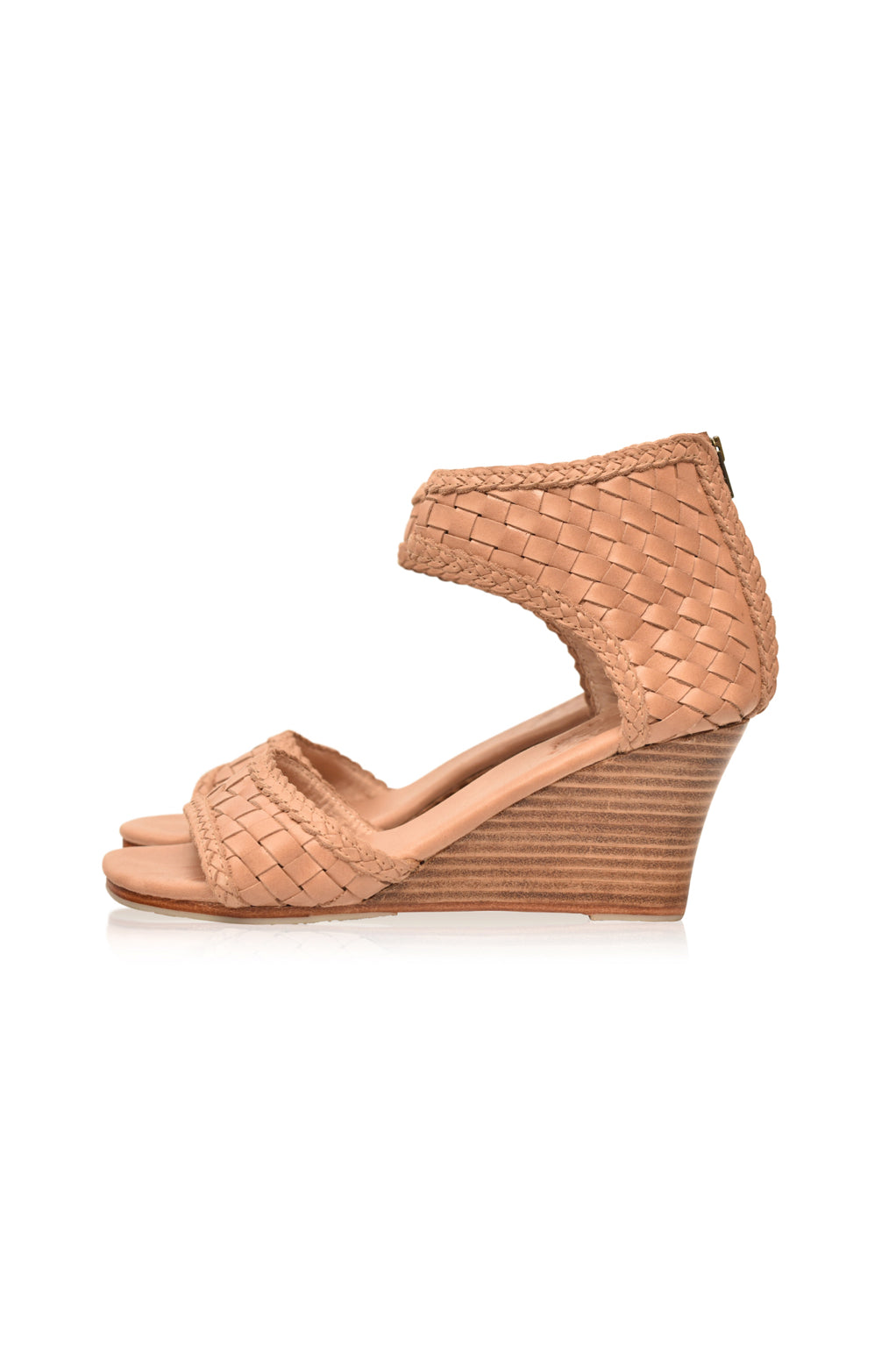 Athena Leather Wedges showcasing woven leather design with braided detailing and a wooden wedge heel.