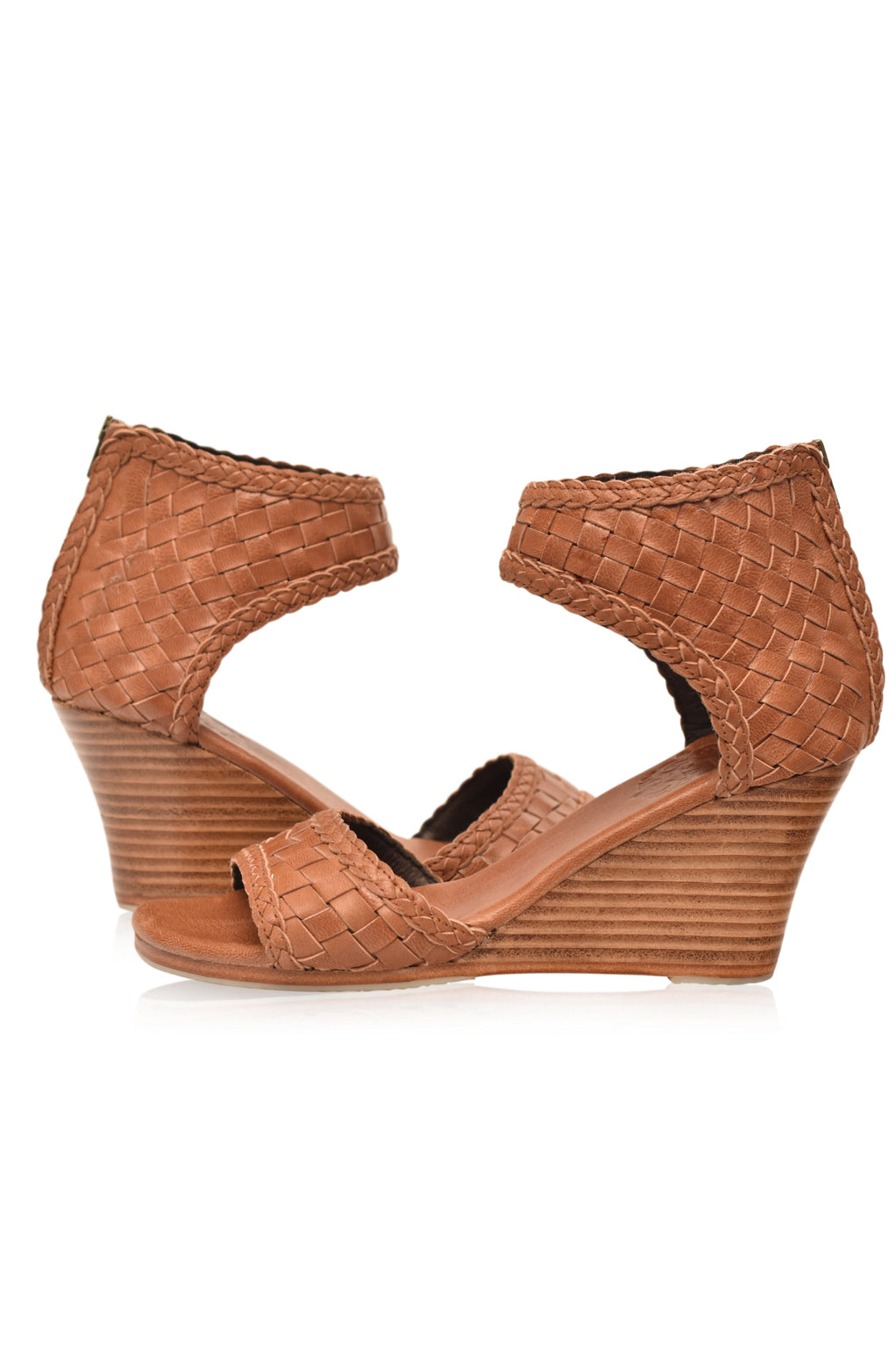 Athena Leather Wedges showcasing woven leather design with braided detailing and a wooden wedge heel.