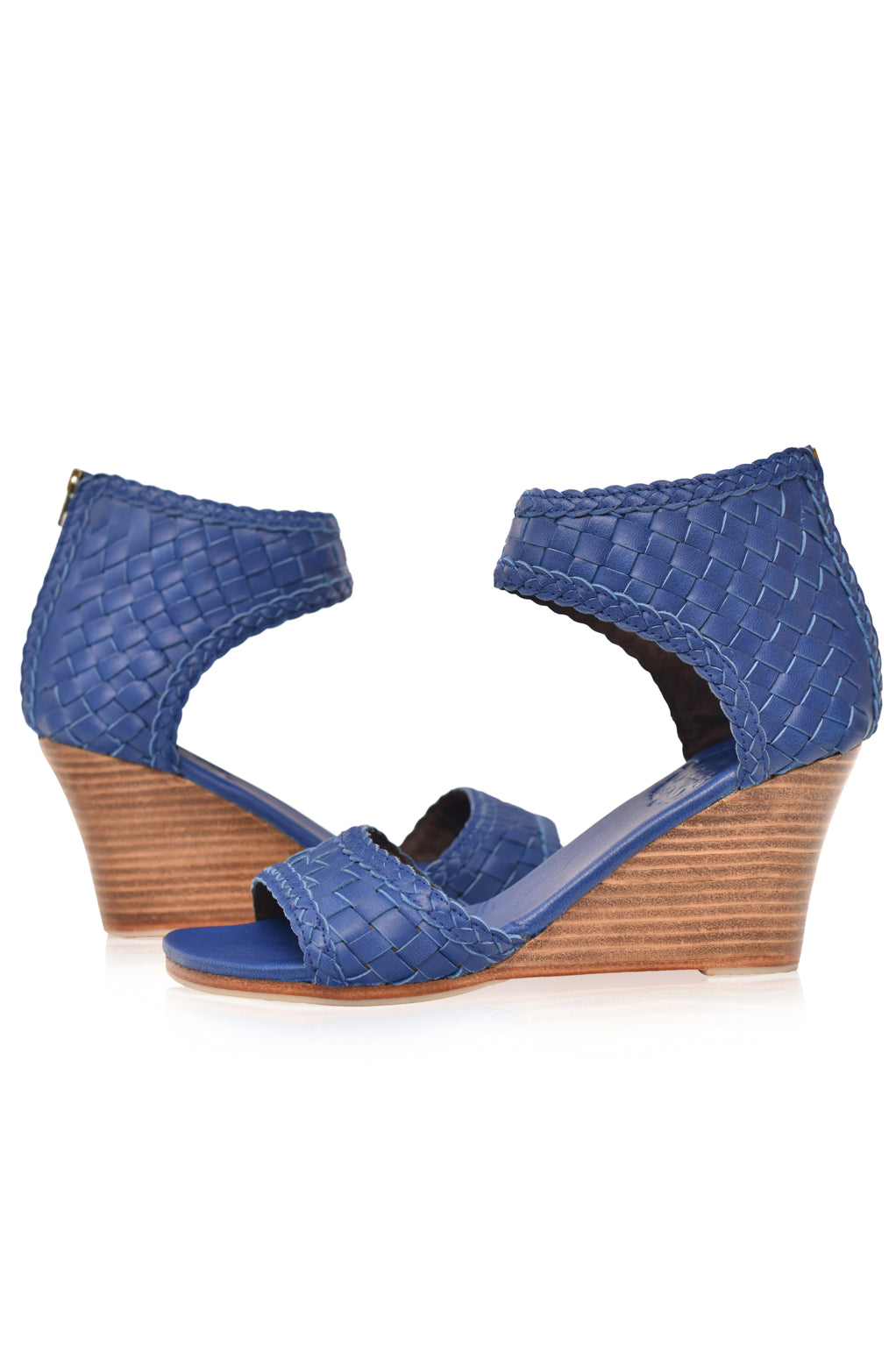 Athena Leather Wedges showcasing woven leather design with braided detailing and a wooden wedge heel.