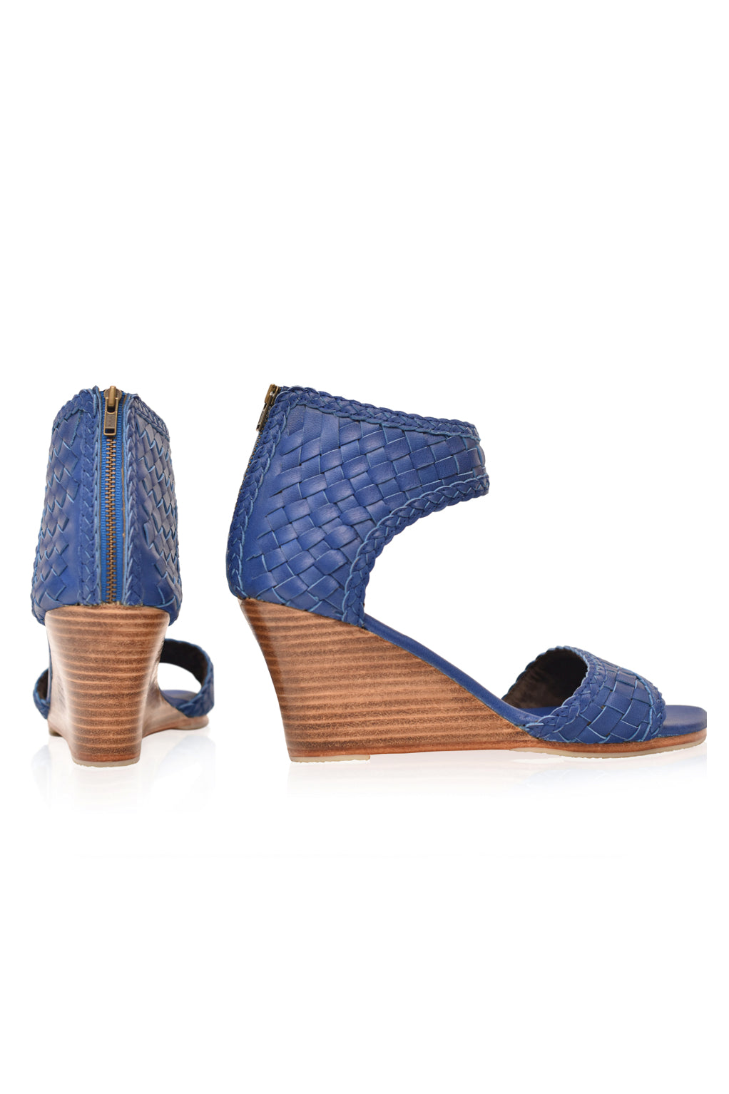 Athena Leather Wedges showcasing woven leather design with braided detailing and a wooden wedge heel.