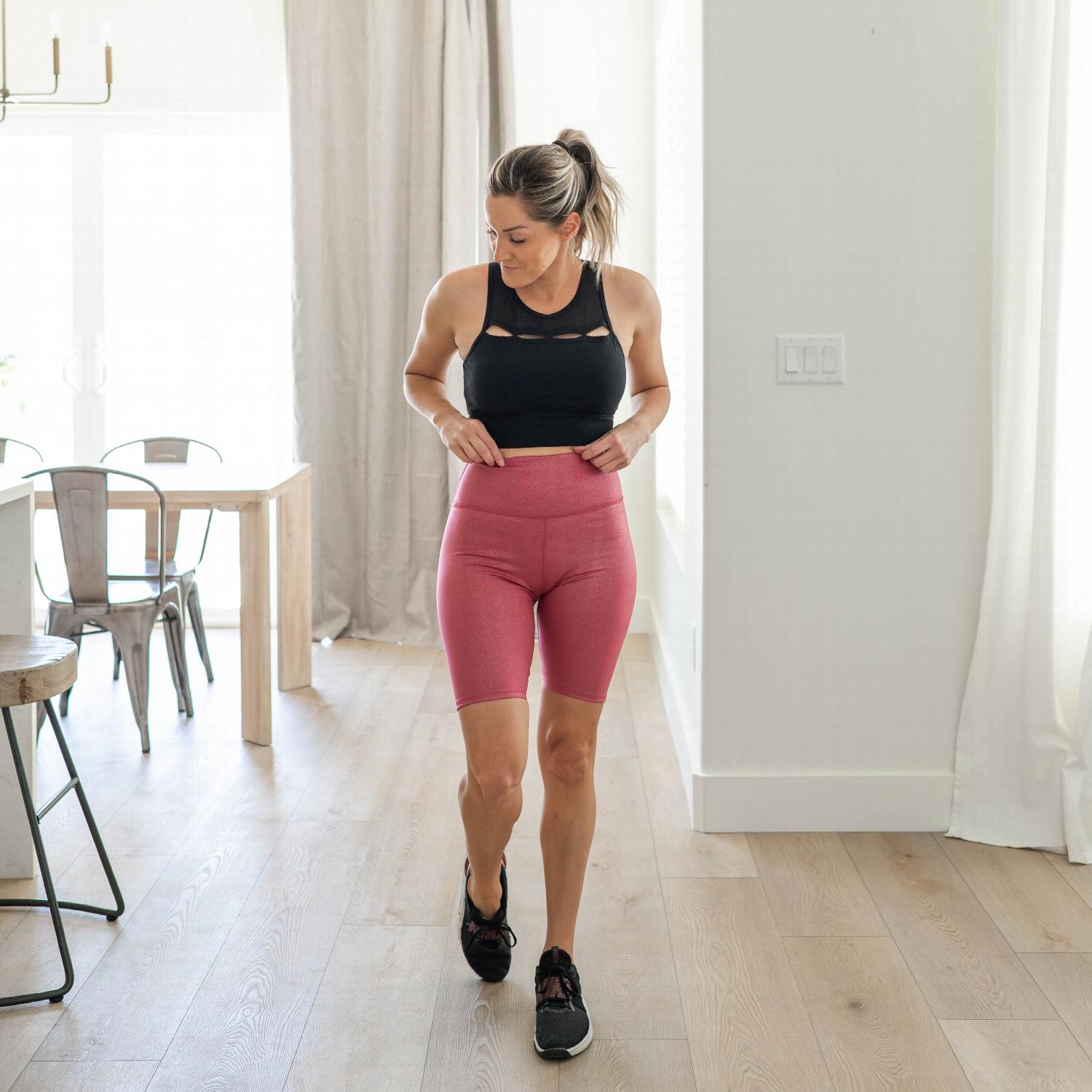 Athletic High Rise Biker Shorts in Rose, Black, and Almond colors, showcasing tummy control and a sleek design for workouts and casual wear.