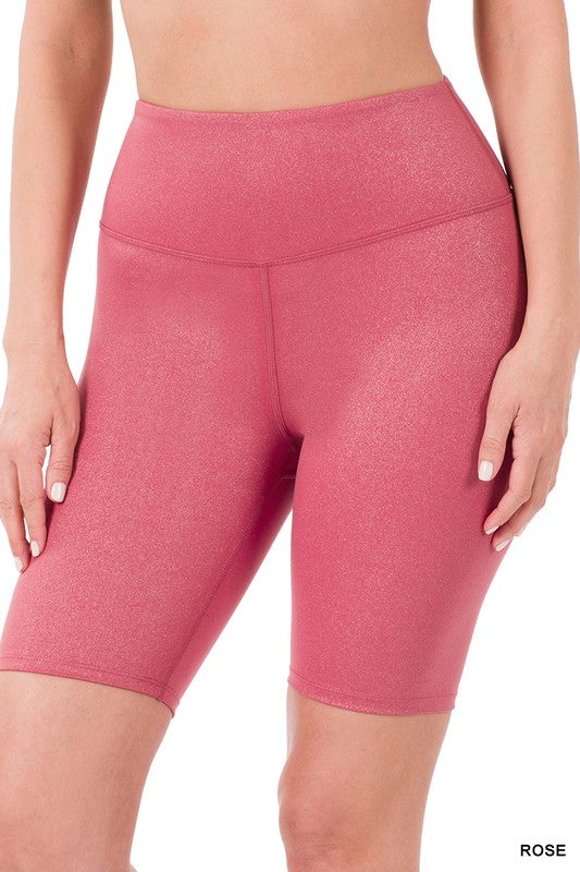 Athletic High Rise Biker Shorts in Rose, Black, and Almond colors, showcasing tummy control and a sleek design for workouts and casual wear.