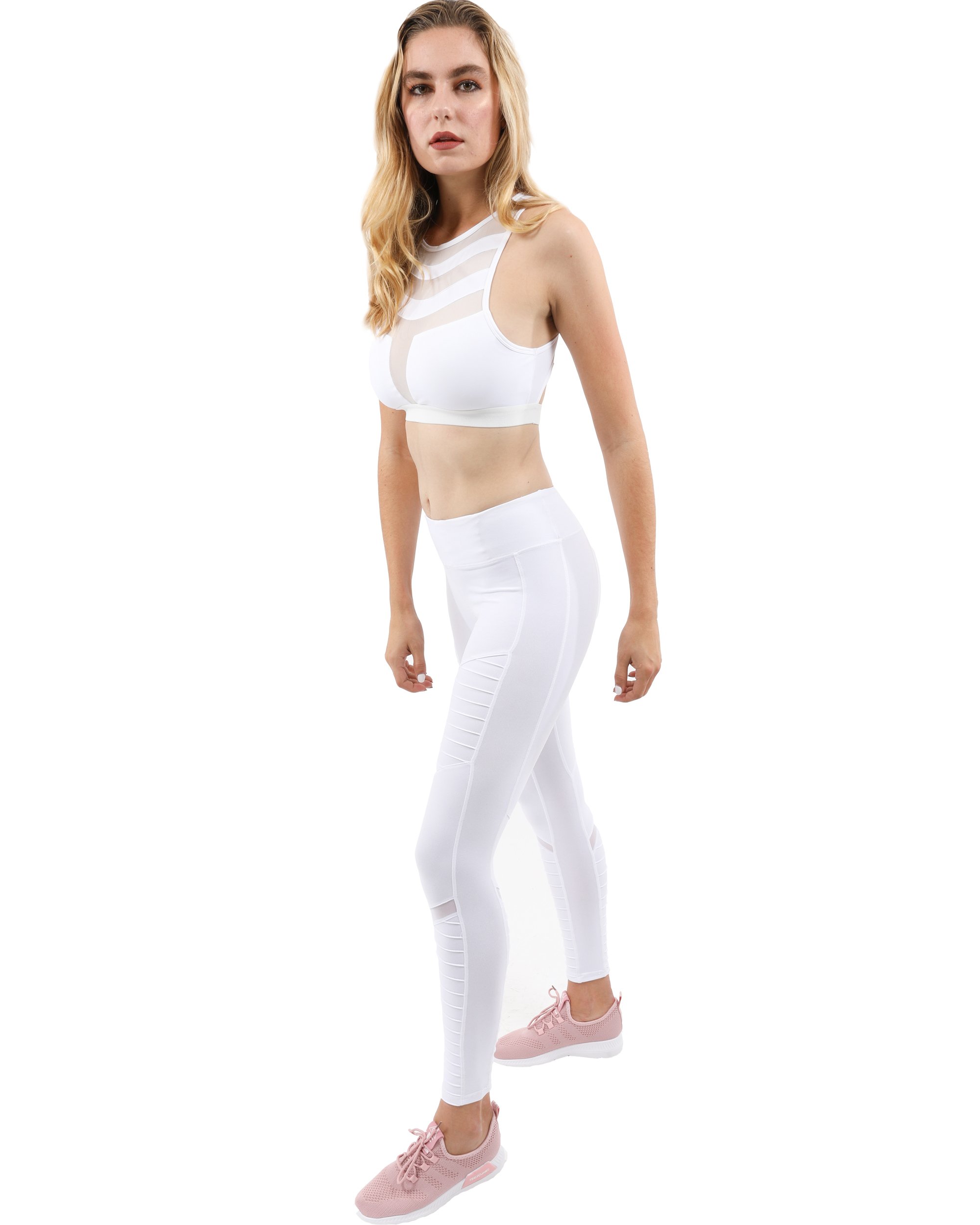 Athletique Low-Waisted Ribbed Leggings in White, showcasing ribbed texture and mid-rise waistband.