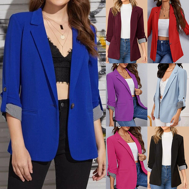 A stylish Autumn and Winter Fashion Stitching Lapel Slim Cardigan featuring a lapel collar, three-quarter sleeves, and contrast color detailing.