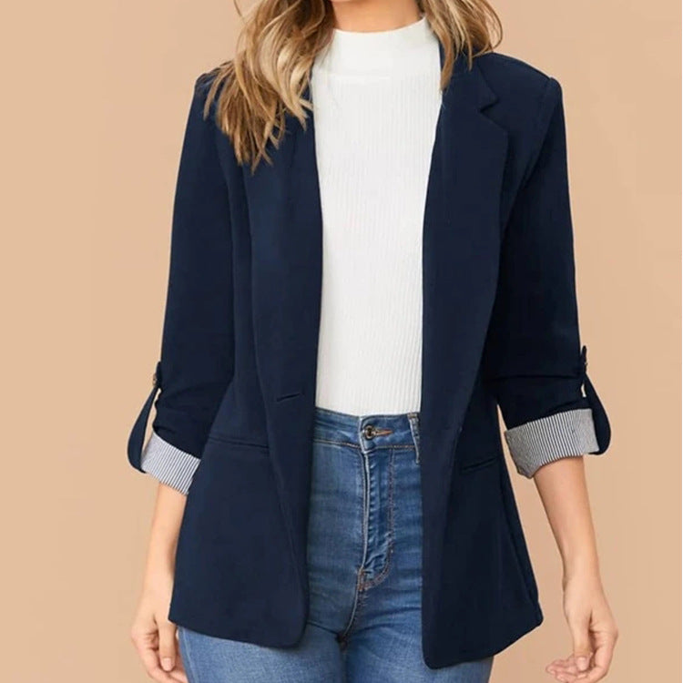 A stylish Autumn and Winter Fashion Stitching Lapel Slim Cardigan featuring a lapel collar, three-quarter sleeves, and contrast color detailing.