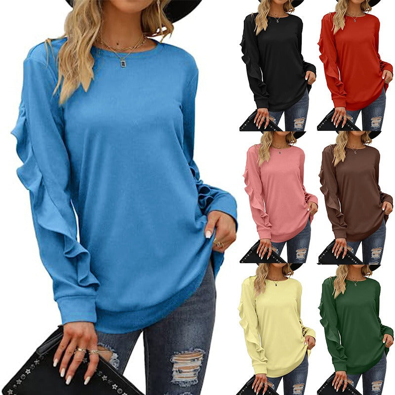 A stylish women's casual round neck sweater in solid color with pleated detailing, perfect for autumn and winter wear.