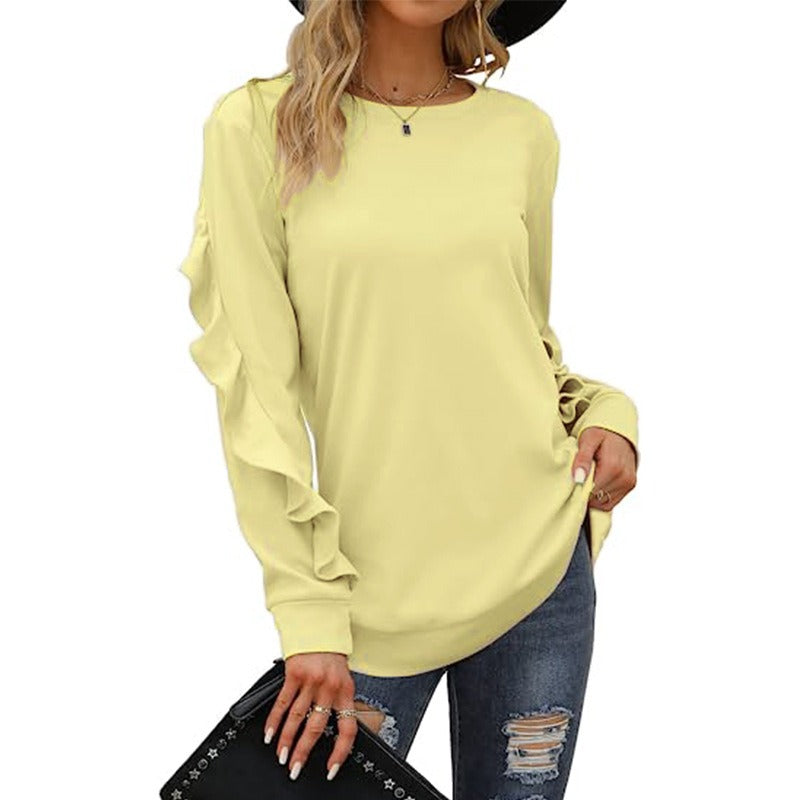 A stylish women's casual round neck sweater in solid color with pleated detailing, perfect for autumn and winter wear.