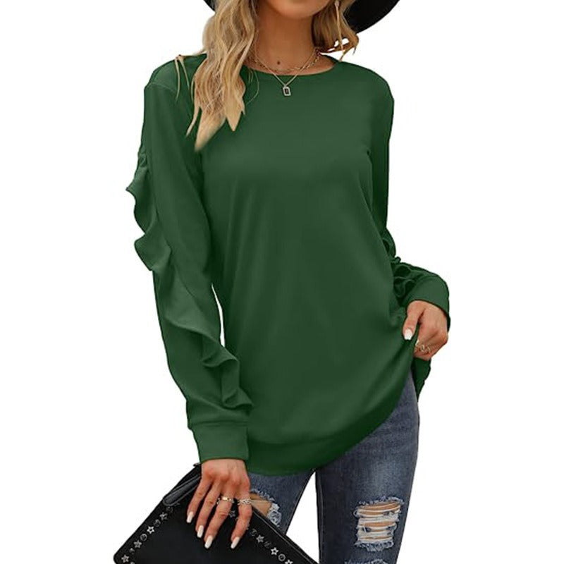 A stylish women's casual round neck sweater in solid color with pleated detailing, perfect for autumn and winter wear.