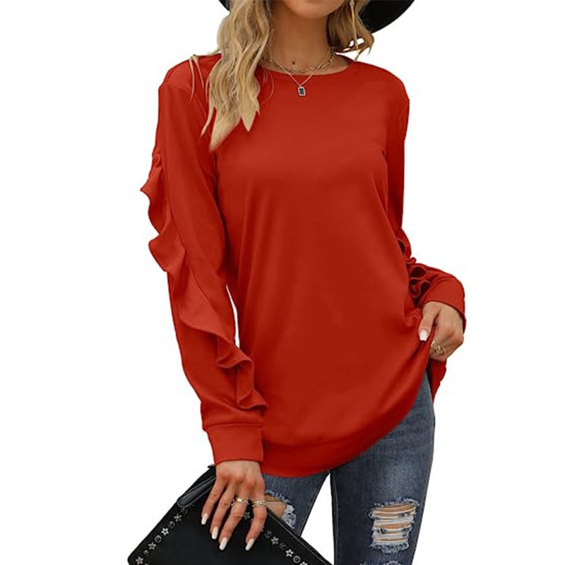 A stylish women's casual round neck sweater in solid color with pleated detailing, perfect for autumn and winter wear.