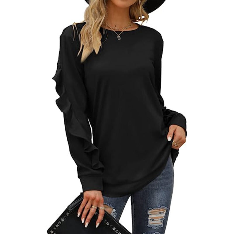 A stylish women's casual round neck sweater in solid color with pleated detailing, perfect for autumn and winter wear.