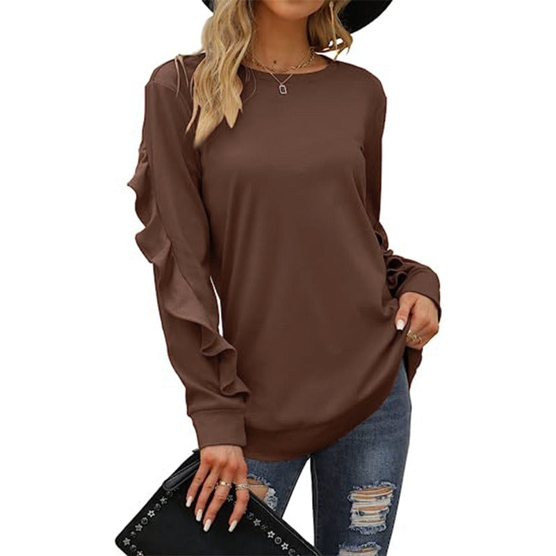 A stylish women's casual round neck sweater in solid color with pleated detailing, perfect for autumn and winter wear.