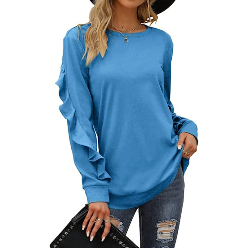 A stylish women's casual round neck sweater in solid color with pleated detailing, perfect for autumn and winter wear.