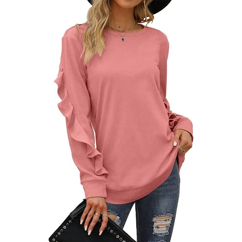 A stylish women's casual round neck sweater in solid color with pleated detailing, perfect for autumn and winter wear.