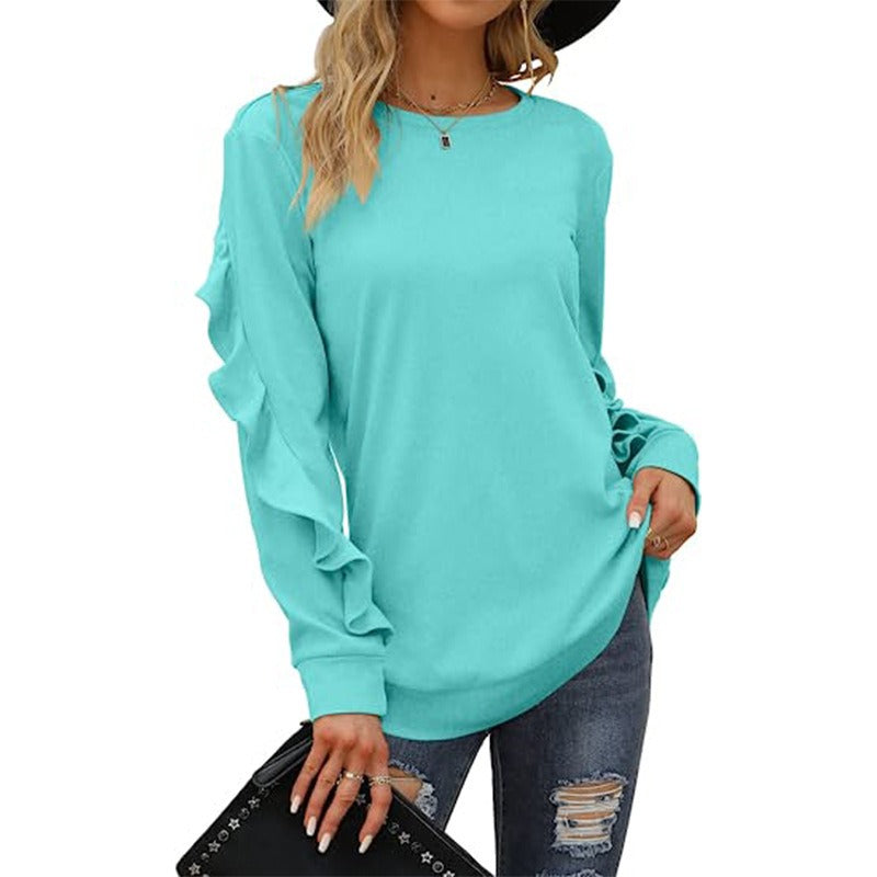 A stylish women's casual round neck sweater in solid color with pleated detailing, perfect for autumn and winter wear.