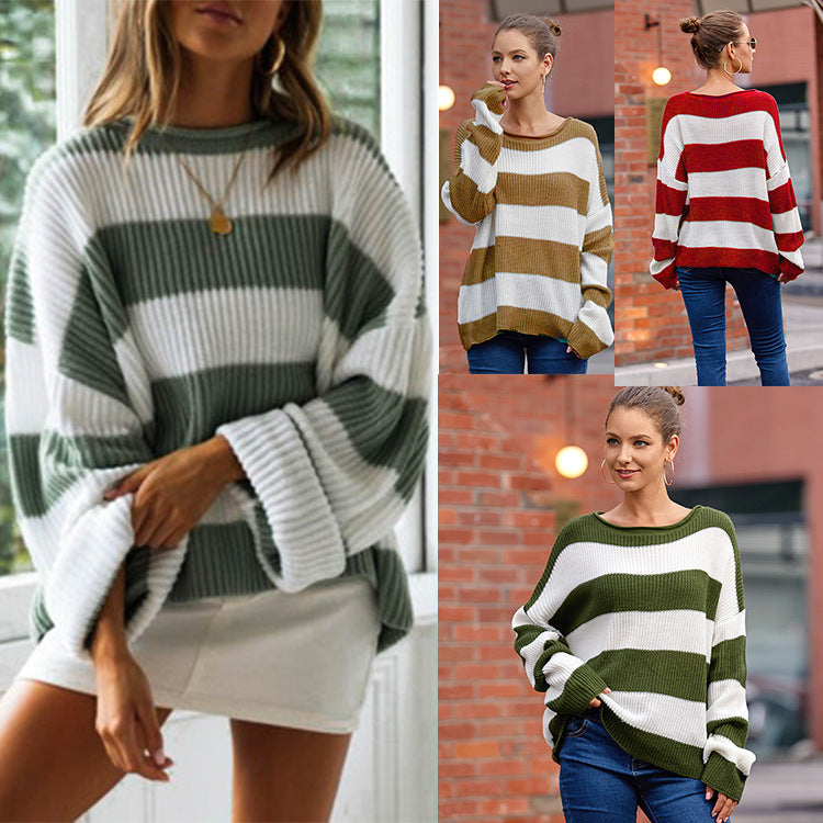 A stylish women's sweater featuring a rolled edge, round neck, and striped pattern, perfect for autumn and winter wear.