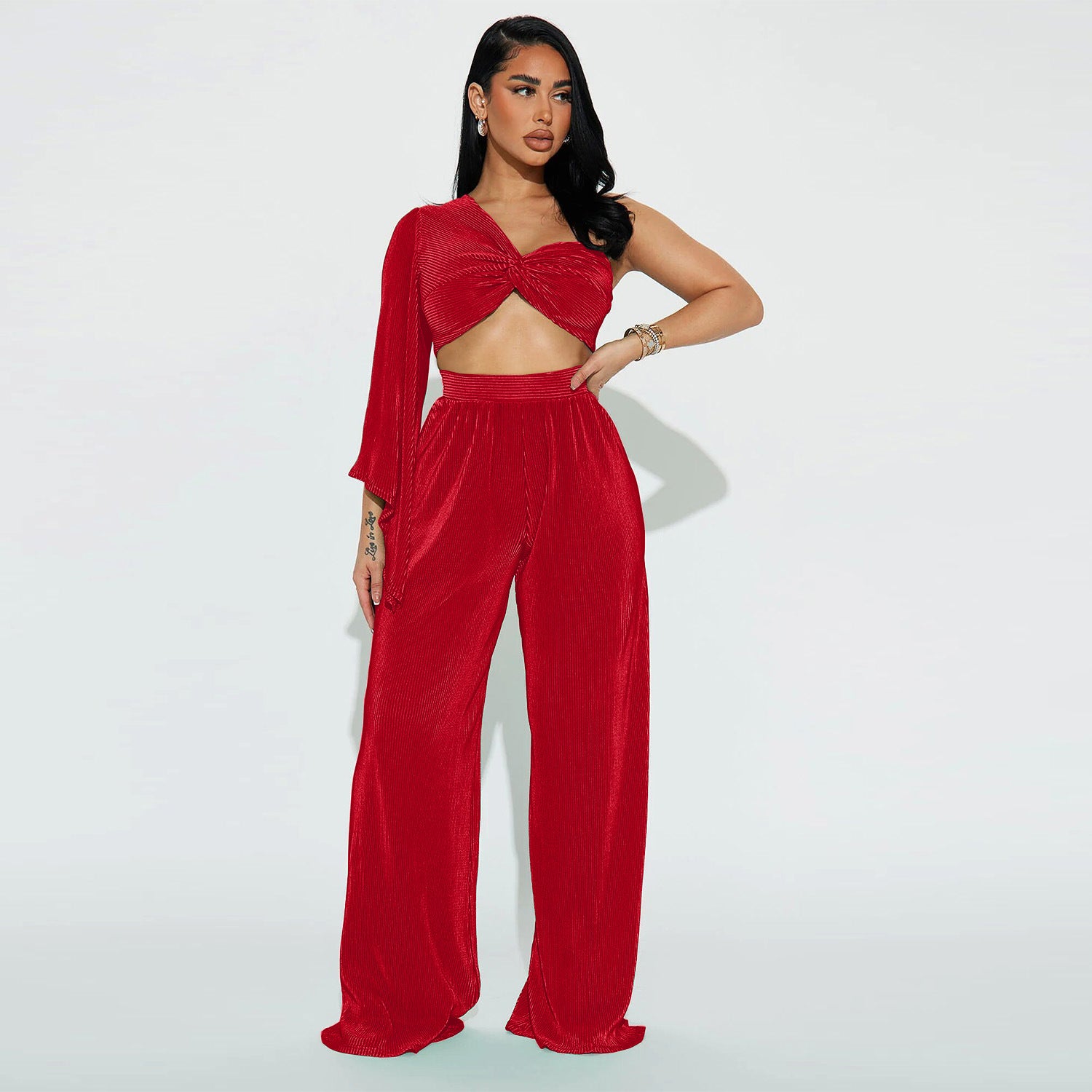 Autumn Sexy Shoulder Long Sleeve Top Trousers Two Piece Set featuring a one-shoulder design and trumpet sleeves, perfect for stylish fall outings.