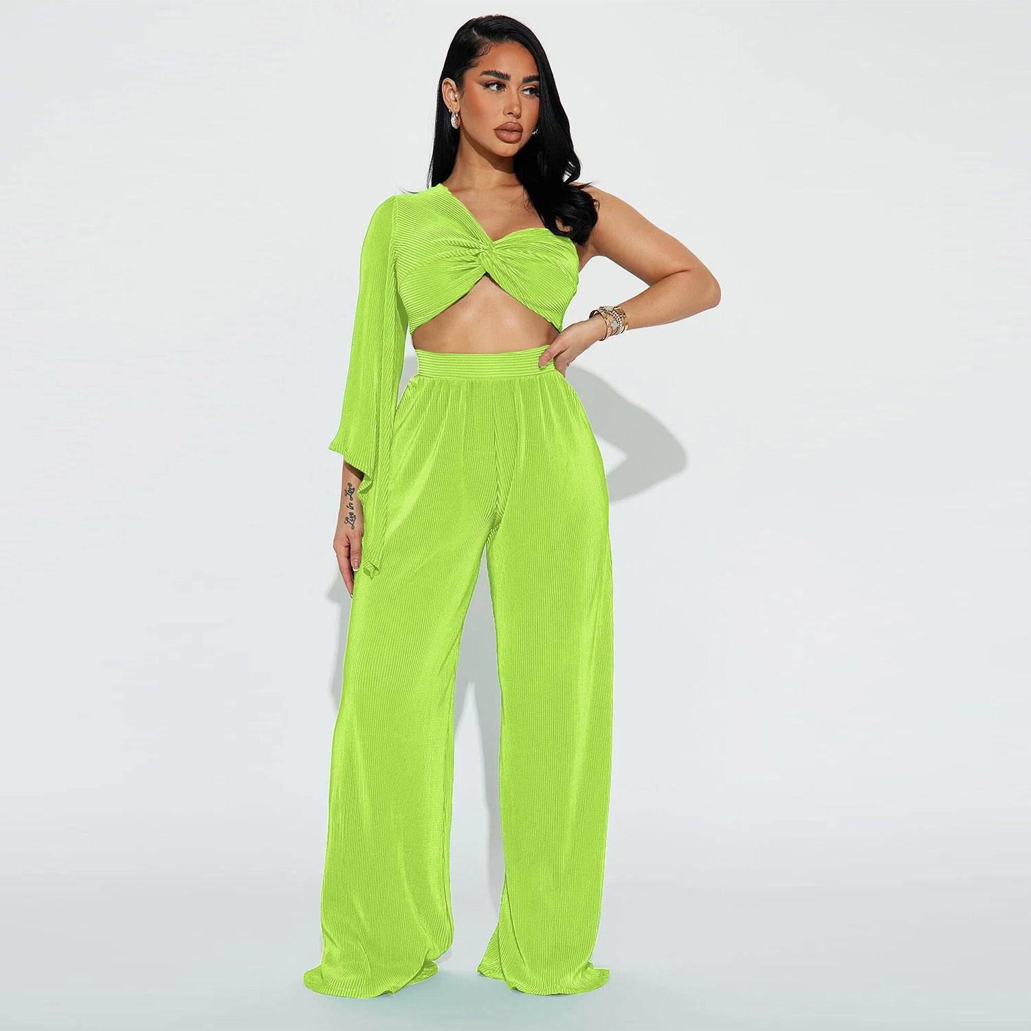 Autumn Sexy Shoulder Long Sleeve Top Trousers Two Piece Set featuring a one-shoulder design and trumpet sleeves, perfect for stylish fall outings.