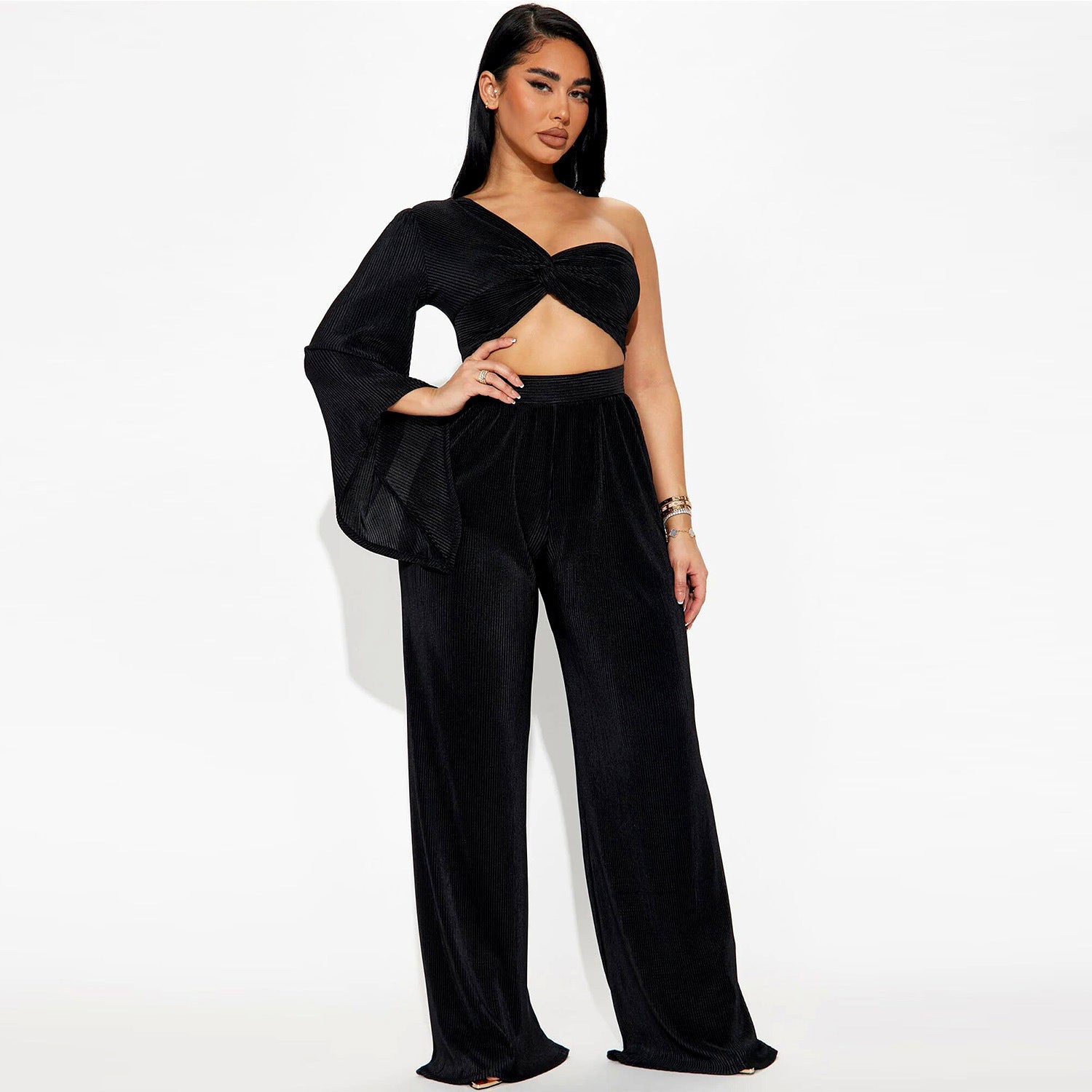 Autumn Sexy Shoulder Long Sleeve Top Trousers Two Piece Set featuring a one-shoulder design and trumpet sleeves, perfect for stylish fall outings.