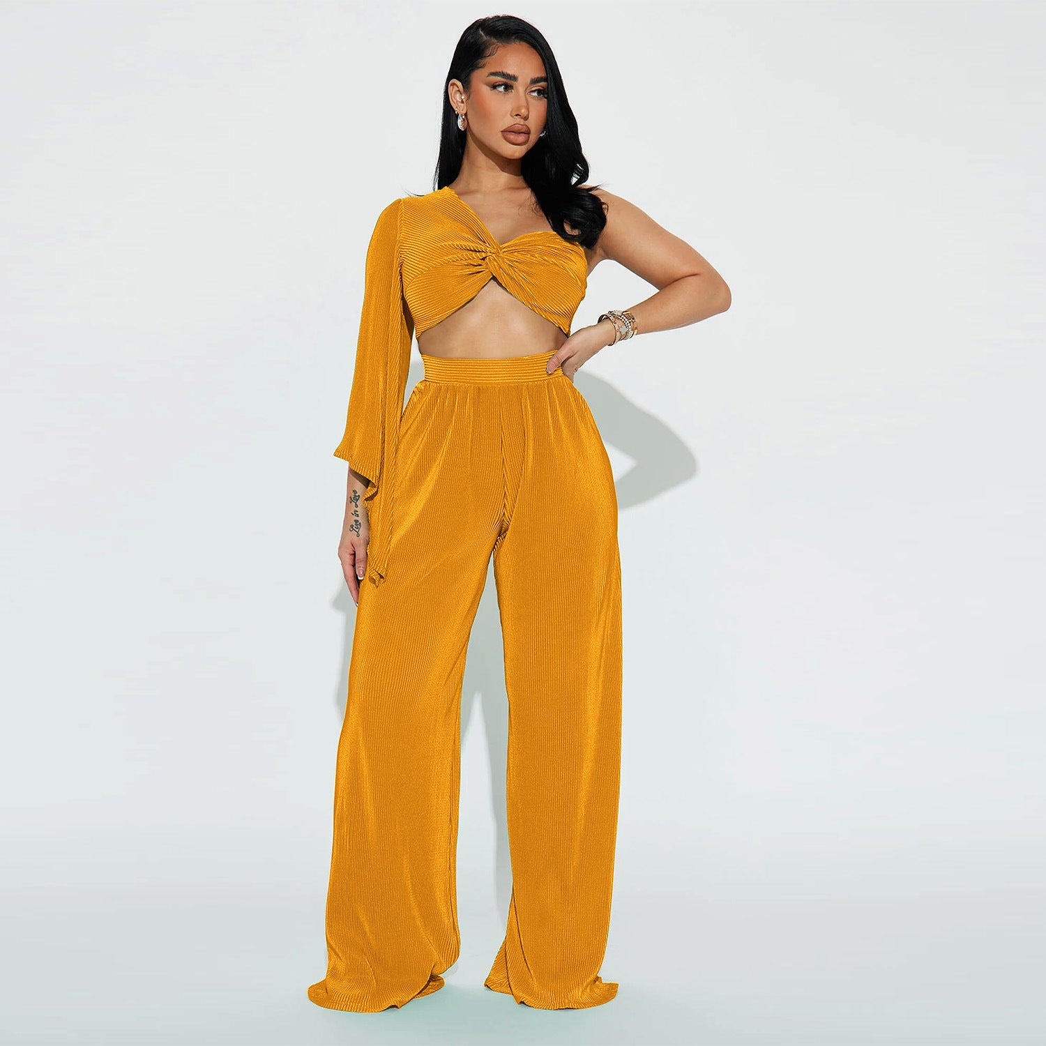 Autumn Sexy Shoulder Long Sleeve Top Trousers Two Piece Set featuring a one-shoulder design and trumpet sleeves, perfect for stylish fall outings.