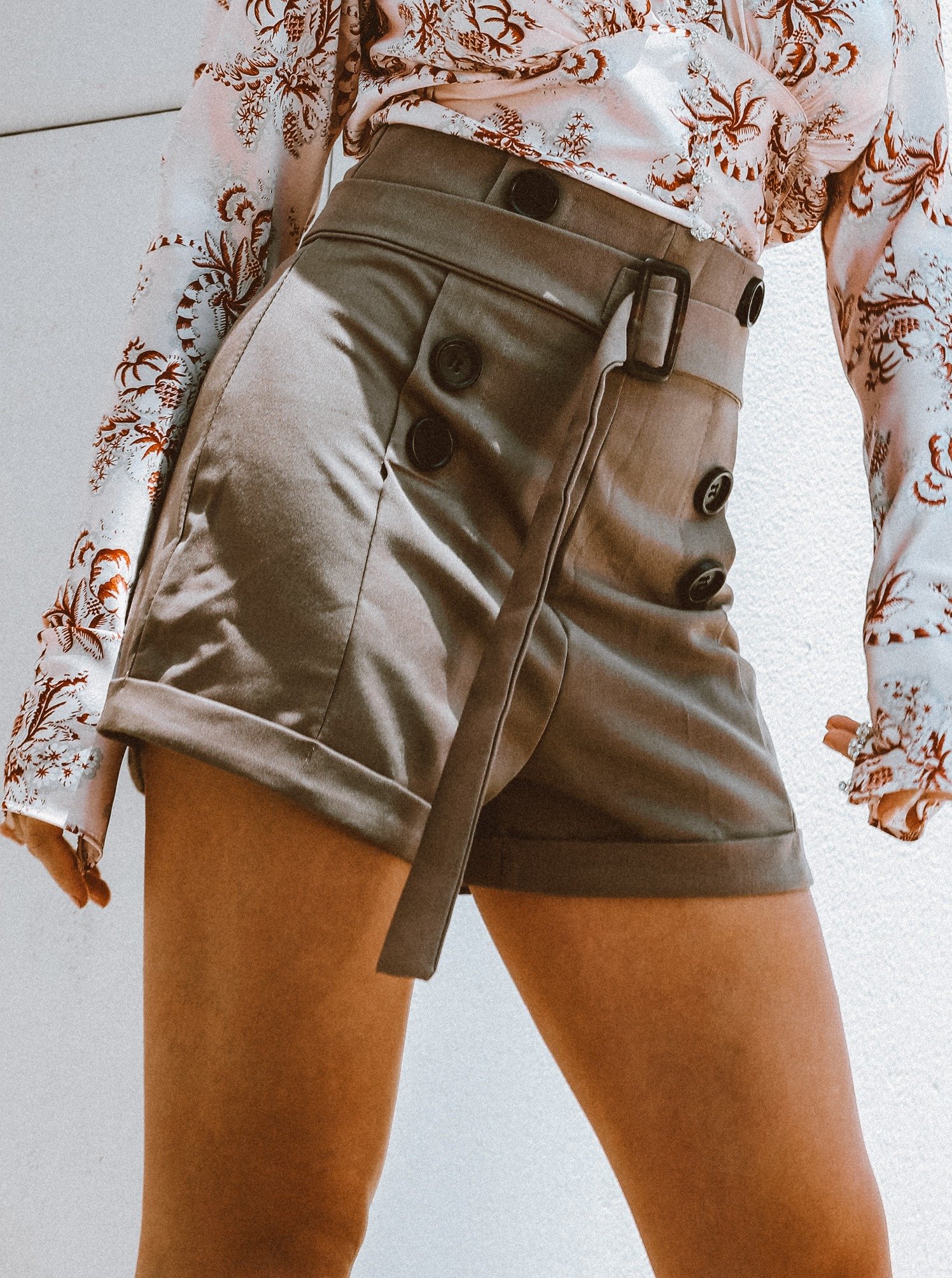 Ay, Ay Sailor Shorts featuring an ultra-high waist, belt detailing, and stylish black buttons on the sides.