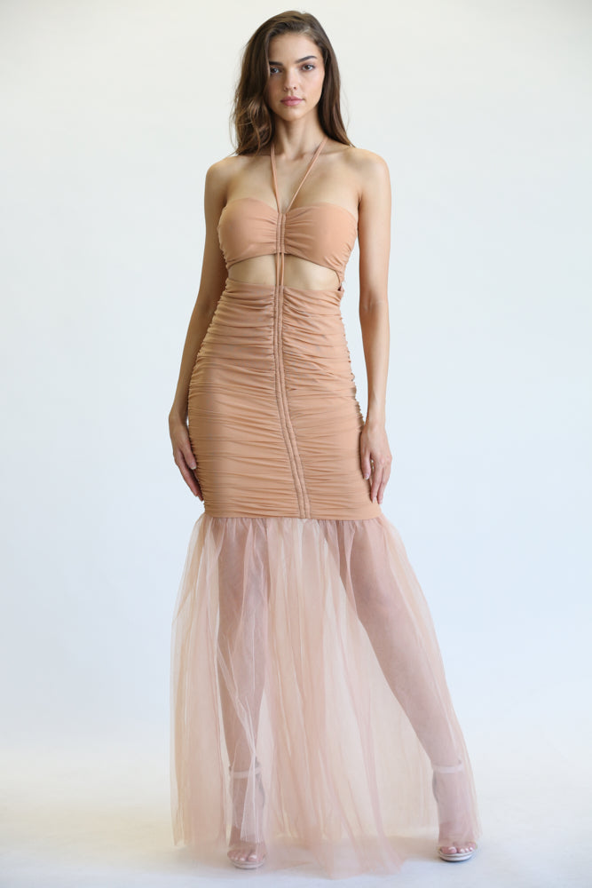 Aayla Tulle Fabric Dress featuring a strapless sweetheart bustline and mermaid cut layered skirt, elegantly ruched throughout.