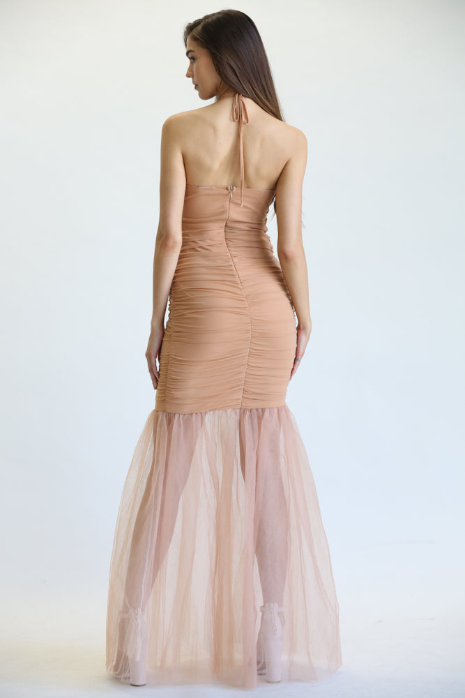 Aayla Tulle Fabric Dress featuring a strapless sweetheart bustline and mermaid cut layered skirt, elegantly ruched throughout.