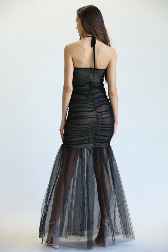 Aayla Tulle Fabric Dress featuring a strapless sweetheart bustline and mermaid cut layered skirt, elegantly ruched throughout.