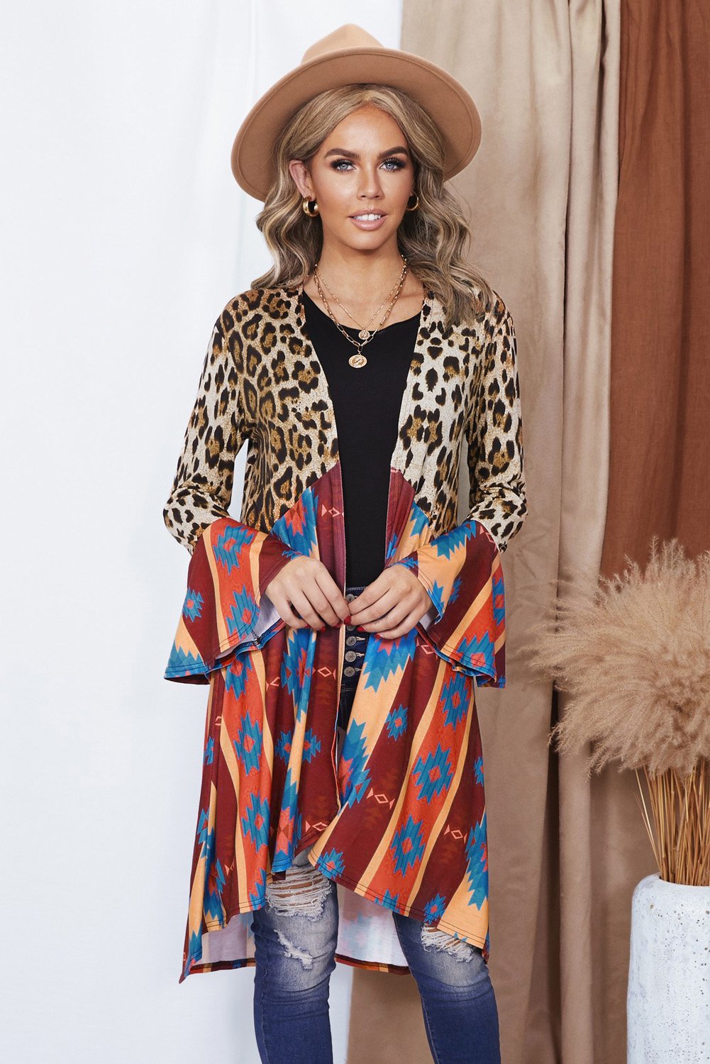 Aztec Leopard Splicing Ruffle Long Sleeve Cardigan featuring a stylish blend of Aztec and leopard prints with elegant bell sleeves.