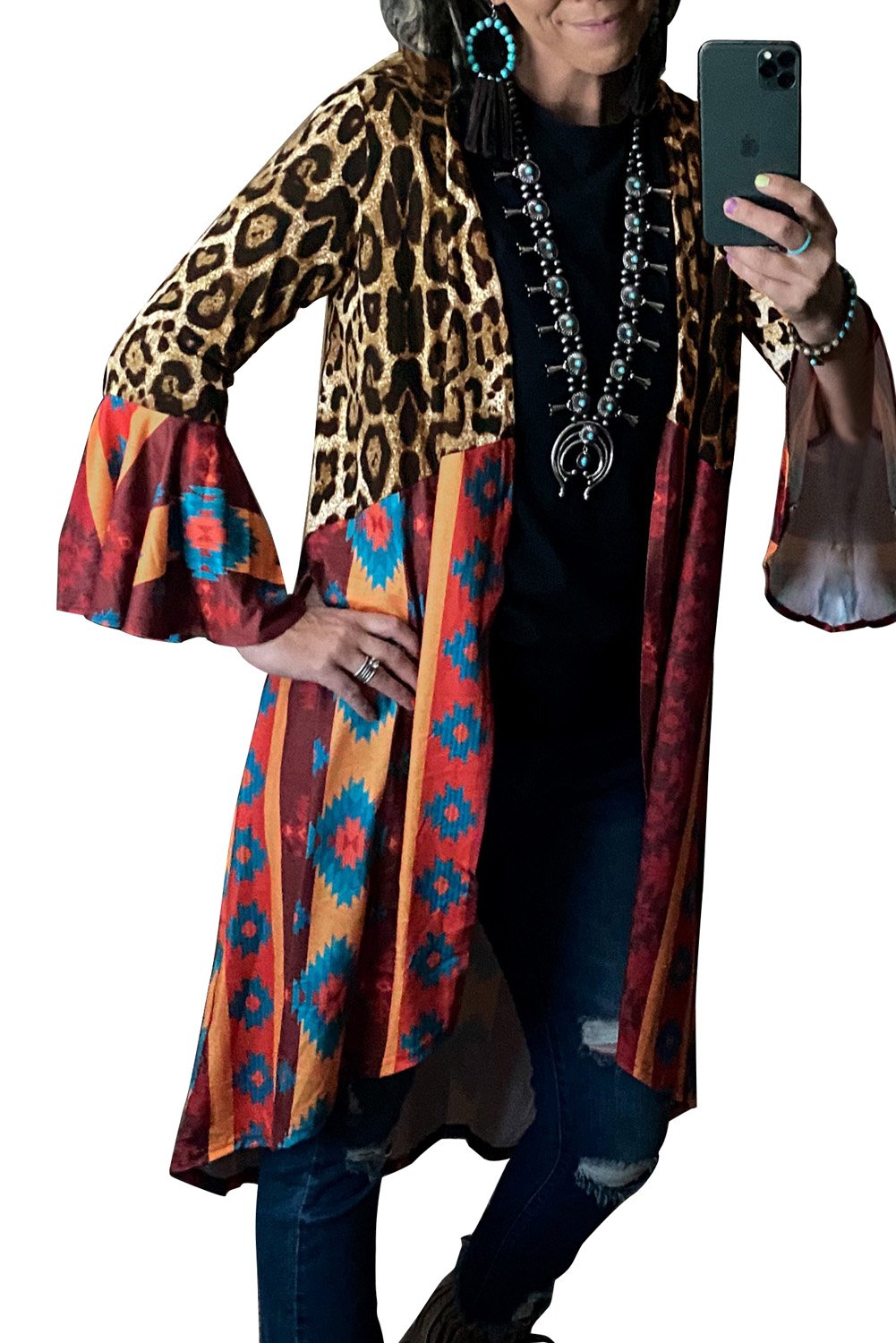 Aztec Leopard Splicing Ruffle Long Sleeve Cardigan featuring a stylish blend of Aztec and leopard prints with elegant bell sleeves.