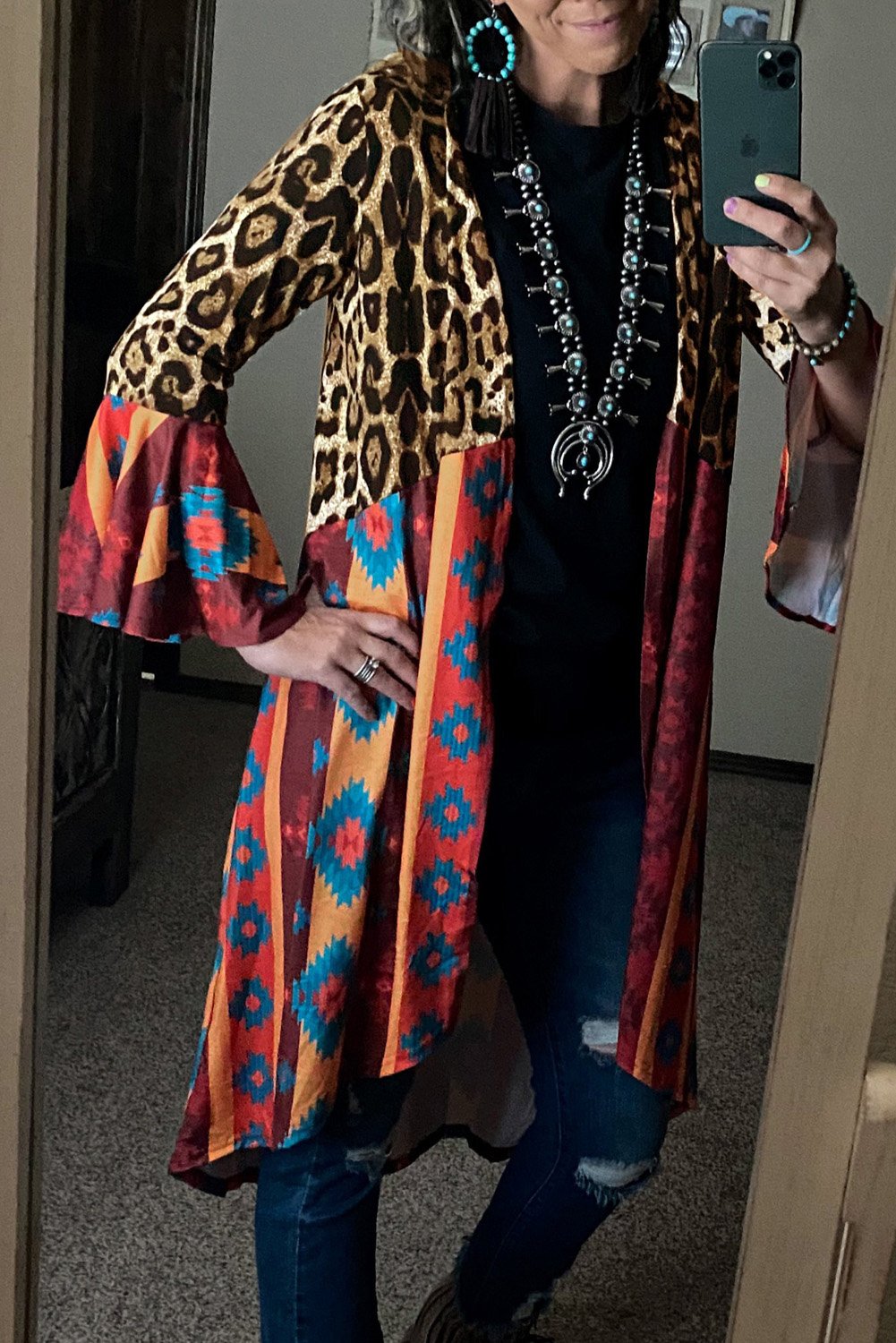 Aztec Leopard Splicing Ruffle Long Sleeve Cardigan featuring a stylish blend of Aztec and leopard prints with elegant bell sleeves.