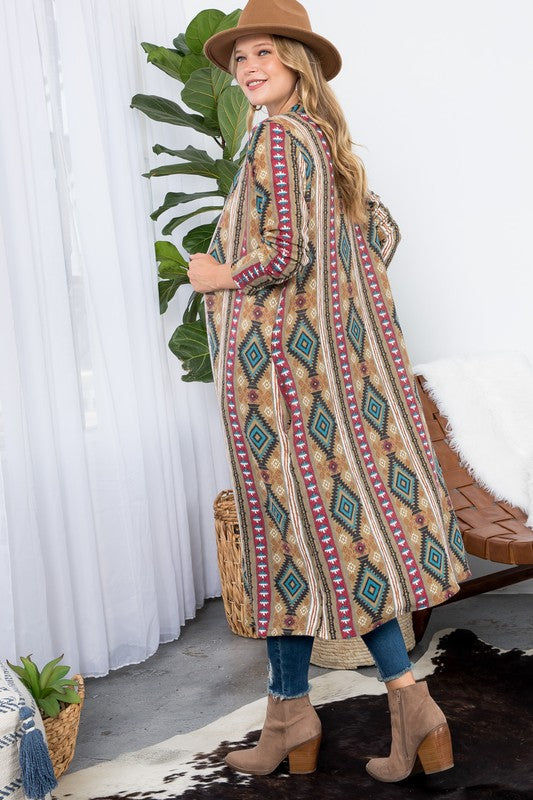 Aztec Print Duster Cardigan featuring an open front, long sleeves, and side pockets, made from cozy angora knit fabric.