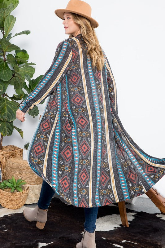 Aztec Print Duster Cardigan featuring an open front, long sleeves, and side pockets, made from cozy angora knit fabric.