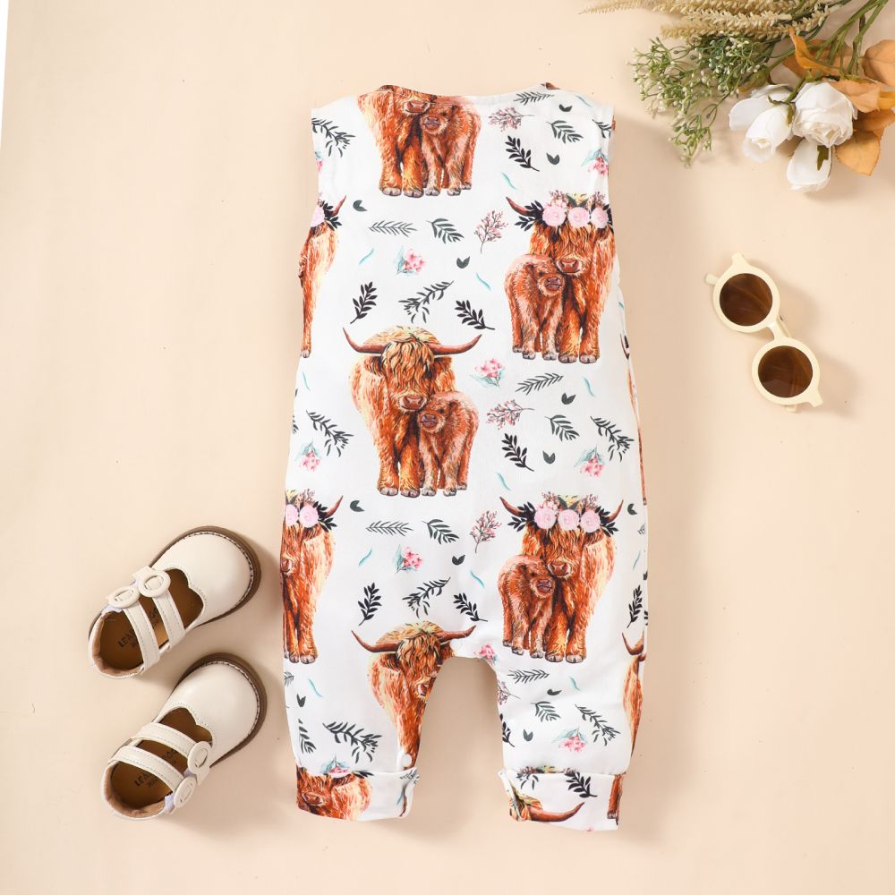 Baby animal print round neck sleeveless jumpsuit in vibrant colors, showcasing a cute design perfect for infants.