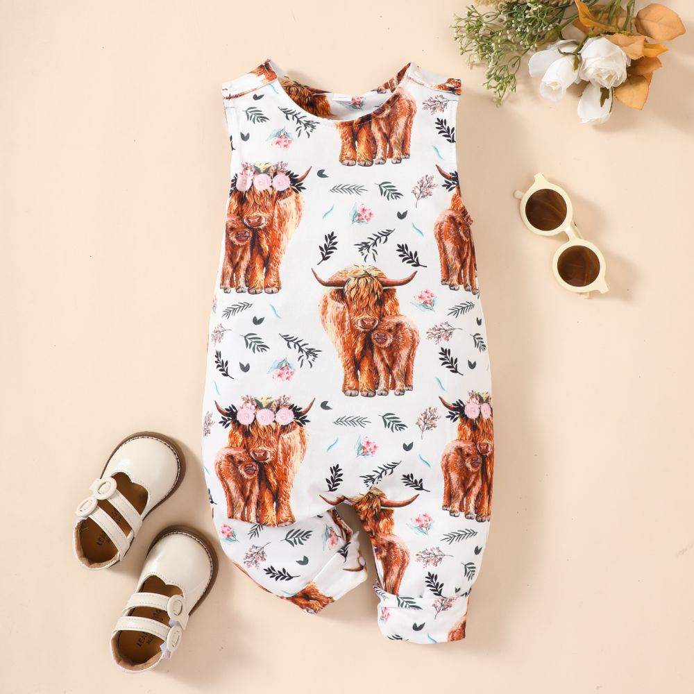 Baby animal print round neck sleeveless jumpsuit in vibrant colors, showcasing a cute design perfect for infants.