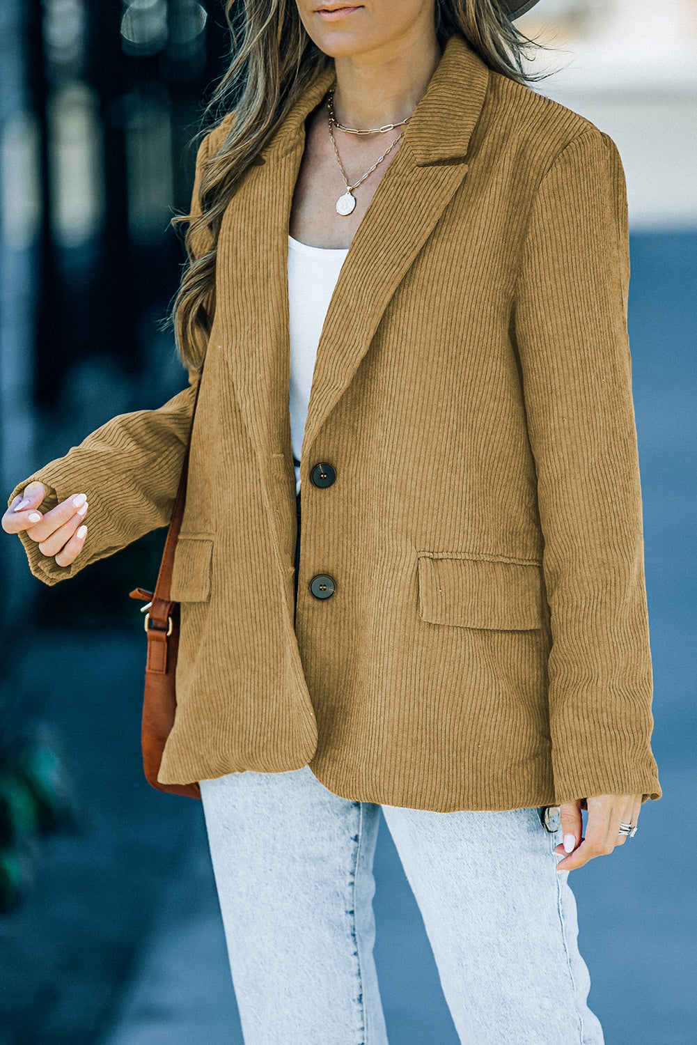 Back Slit Lapel Collar Corduroy Jacket in solid color with long sleeves and buttoned pockets.