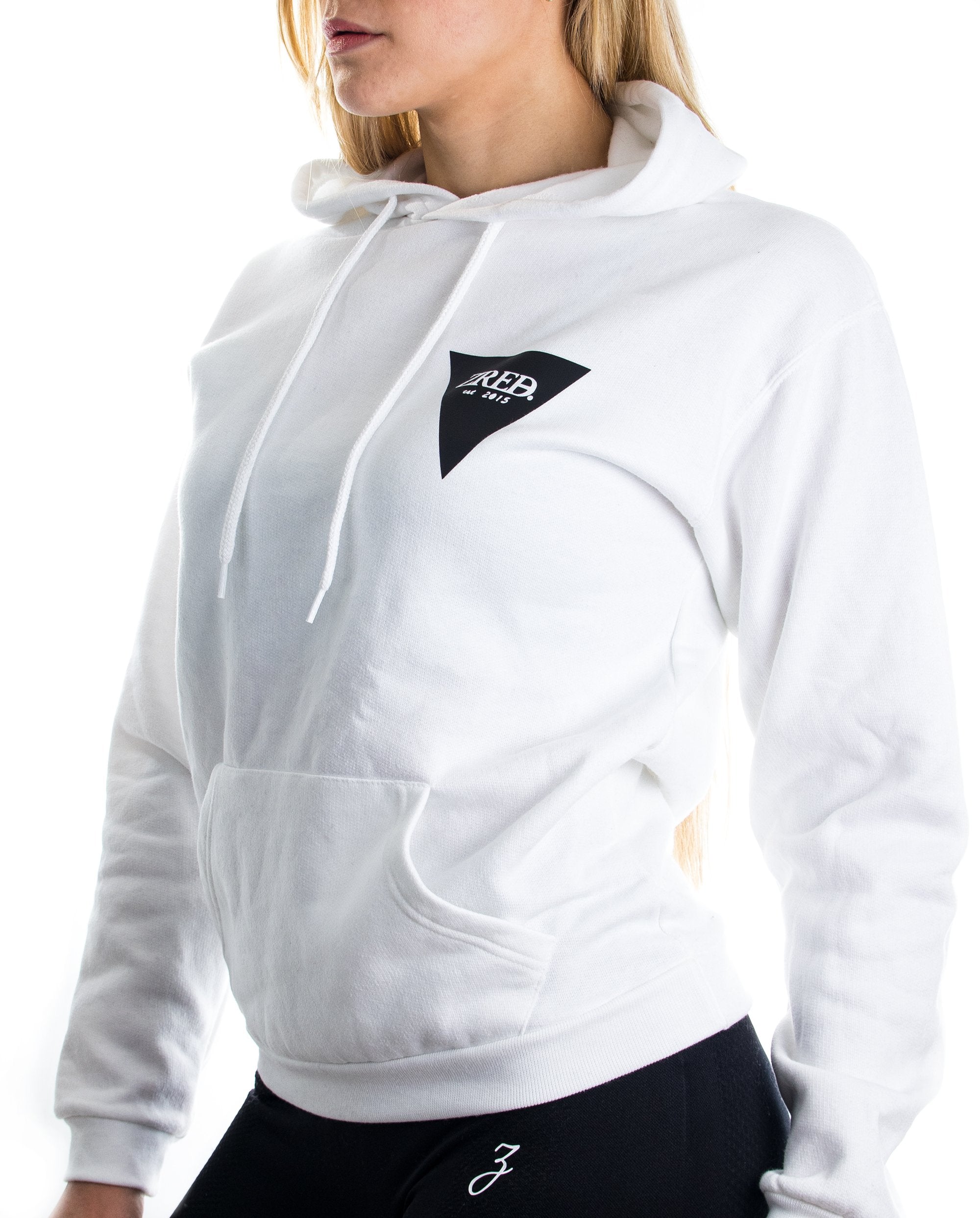 A stylish white and black autumn hoodie for women, featuring a relaxed fit and classic design, perfect for chilly weather.